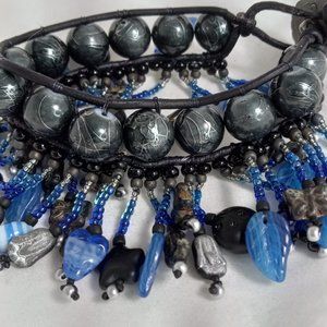 Woven Bracelet w/Black Drizzle Glass Beads, Blue Fringe w/Butterflies, Flowers
